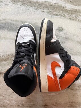 Nike Air Jordan 1 Mid Sneakers - White, Black, Orange Size 7
